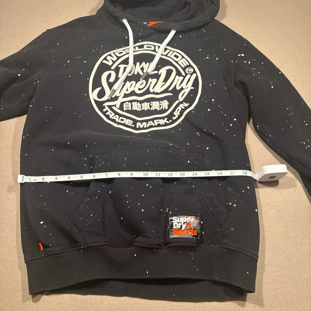 Superdry Black Pullover Hoodie with White Logo and Paint-Splatter - Picture 1 of 9